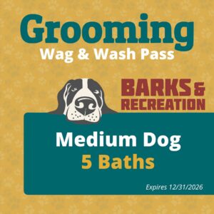 Dog grooming and wash pass poster: large 'Grooming' text, dog illustration, 'Medium Dog', '5 Baths' and expiration date on a mustard paw‑print background.